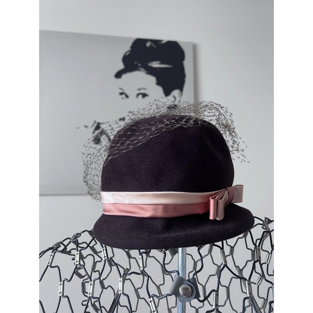 Vintage Glenover Henry Pollak Brown Wool Felt Cloche Hat Pink Ribbon Veil Wool